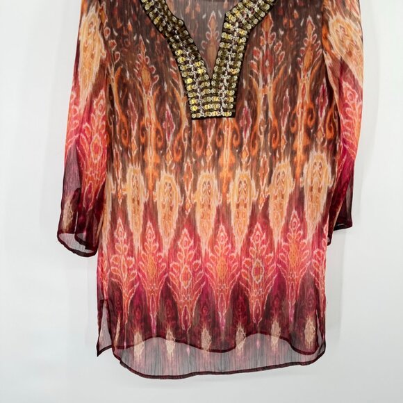 Chico's 1 semi Sheer Tunic Top Beaded Neckline 3/4 sleeve Size medium - Picture 4 of 11